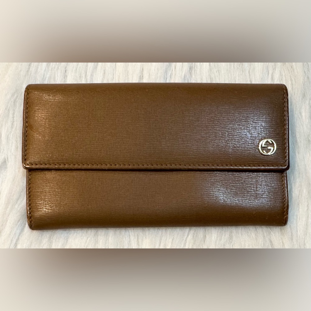GUCCI Long Leather Continental Wallet Interlocking G Emblem Warm Brown VGUC